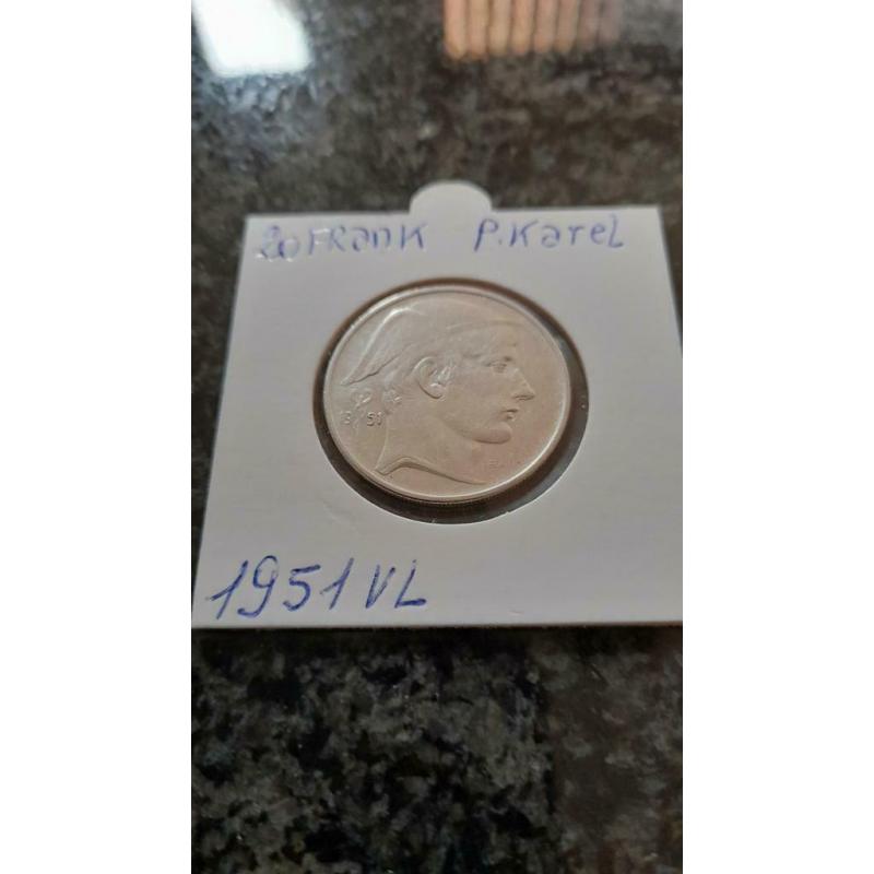 Prachtige Prins Karel 20 Frank 1951 Vlaams zilver