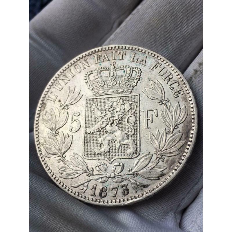 5 Frank 1873 Leopold II zilveren munt, top conditie